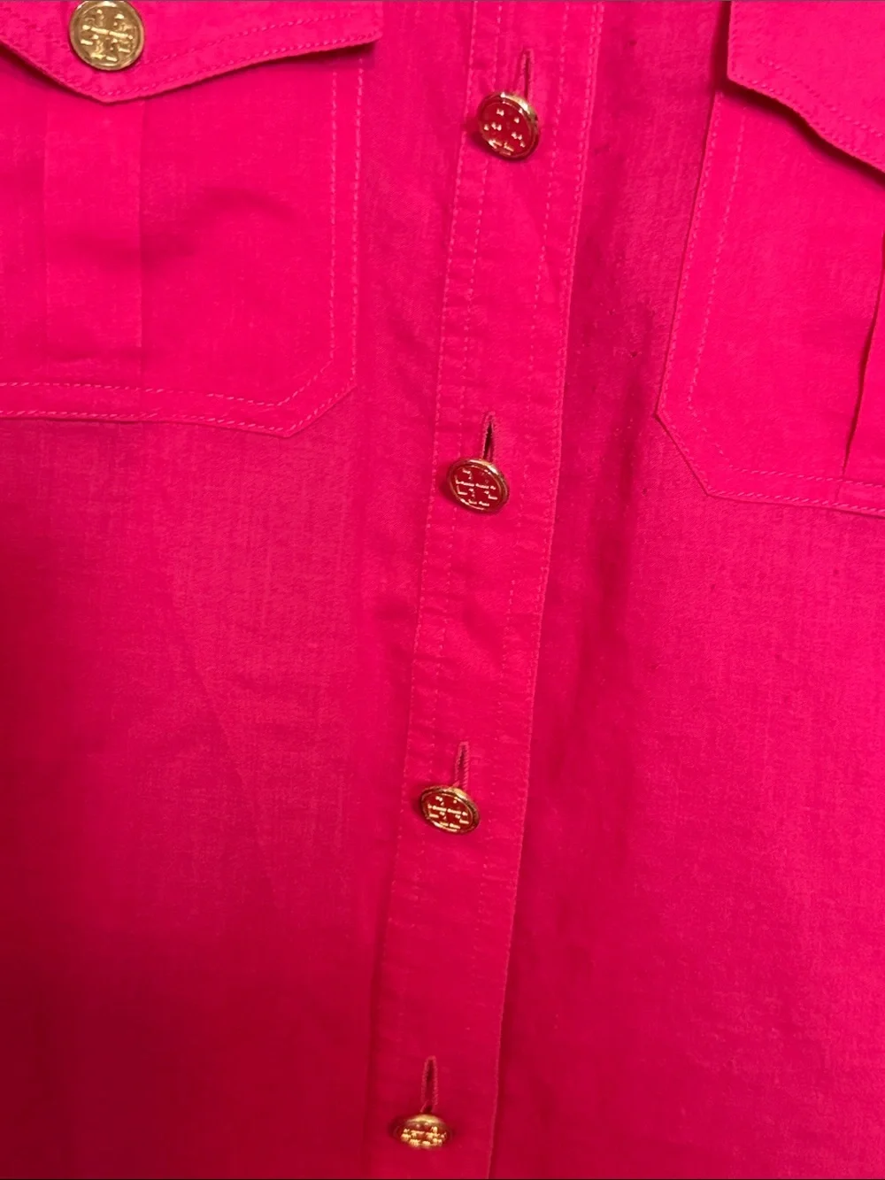 Tory Burch Fuchsia Pink Linen Utility Button Down Shirt Gold Logo Buttons Sz 10